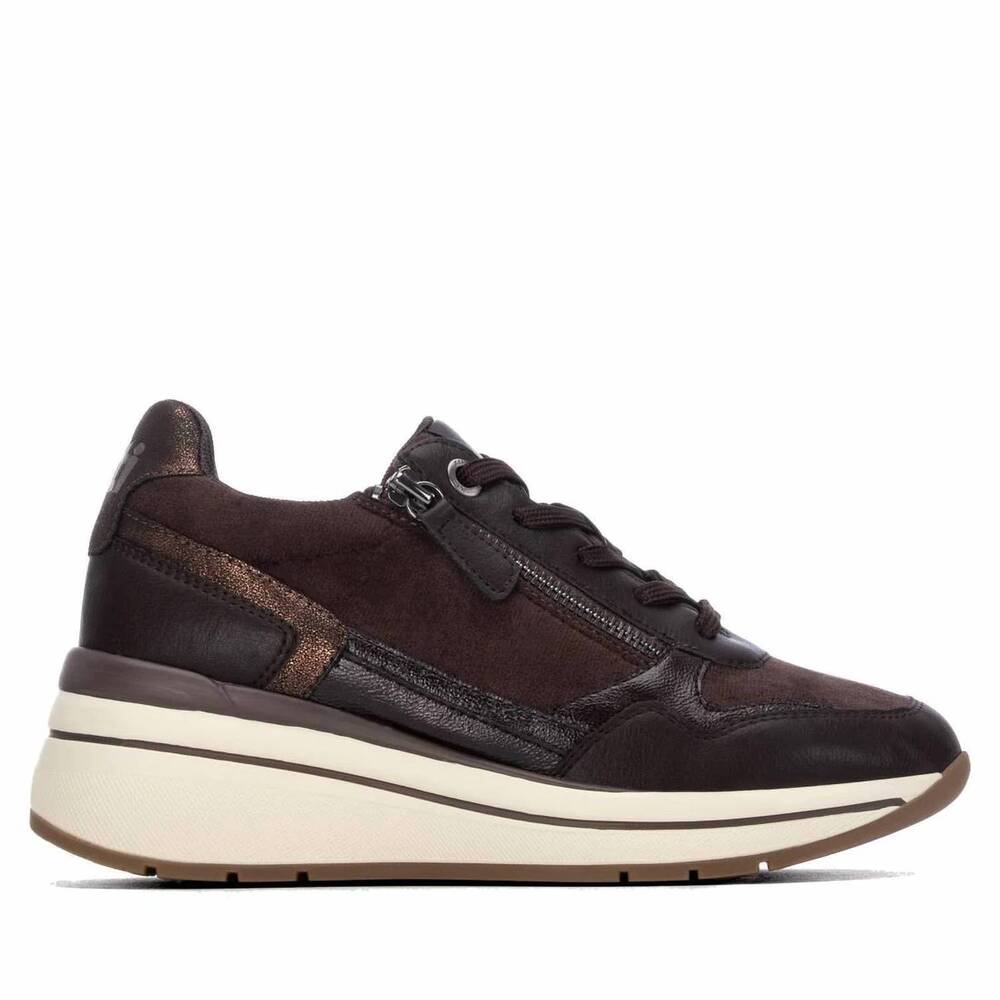NEW XTI women's casual wedge lace-up sneakers in brown